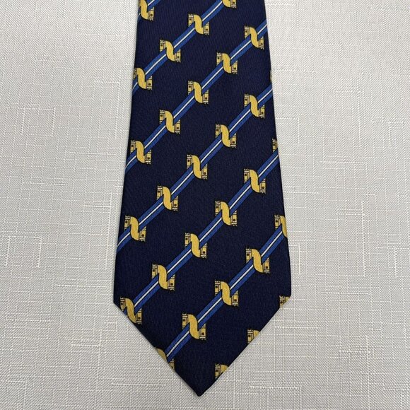 HERMES VINTAGE HORSE HEAD TIE RIDING CASTLE STRIPE HIGH END FRANCE BLUE YELLOW - Picture 4 of 5